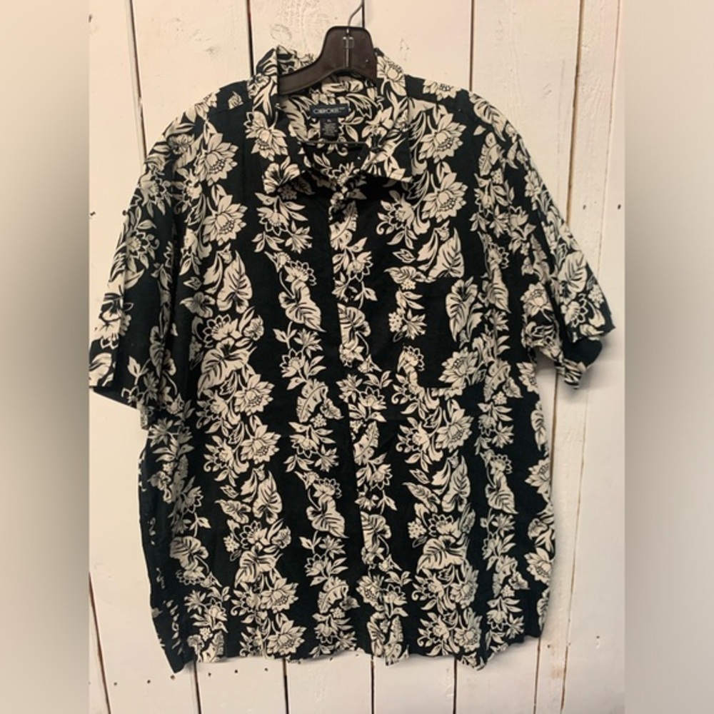 Mens XL Vintage Cherokee Black & White Hawaiian Floral Button Down‎ Shirt